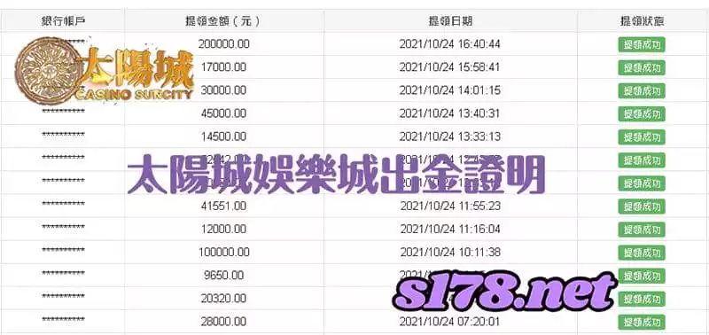 太陽城娛樂城玩家出金明細,優良信譽誠信為最